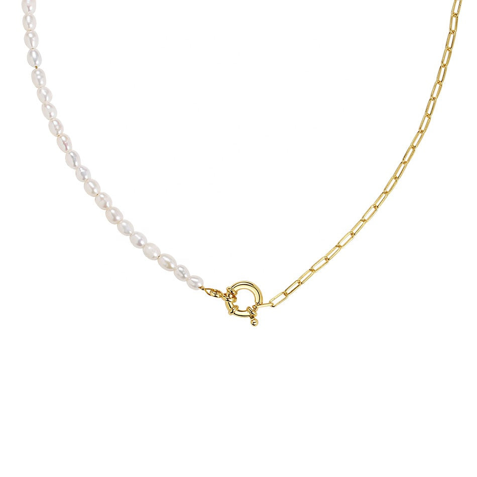 Half-Freshwater Pearl and Gold Paperclip Link Necklace