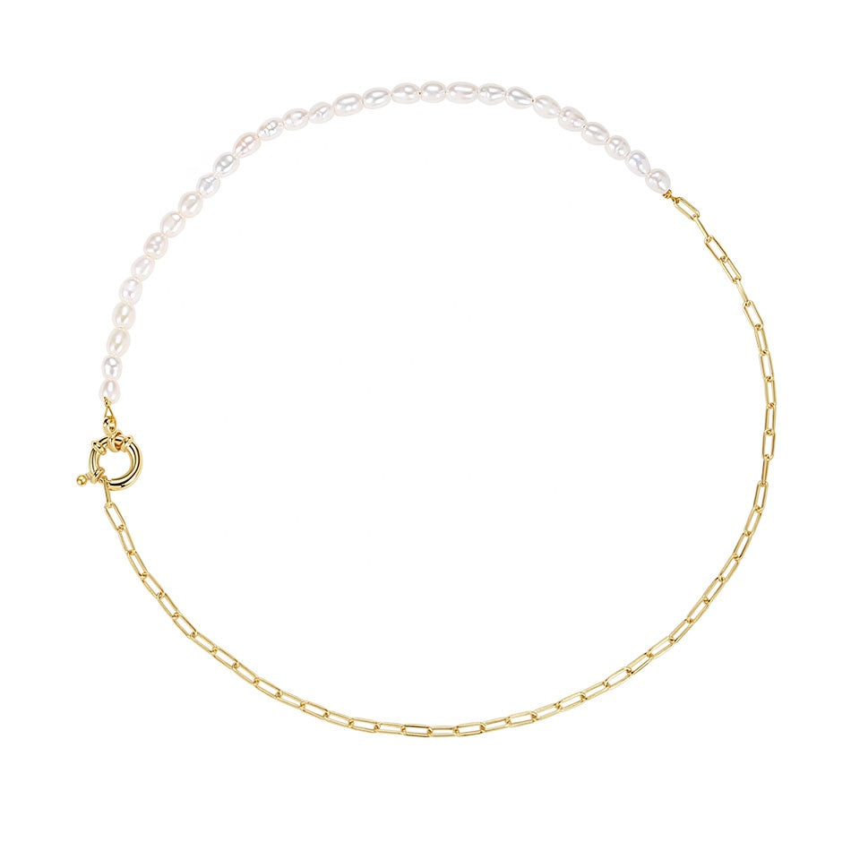 Half-Freshwater Pearl and Gold Paperclip Link Necklace