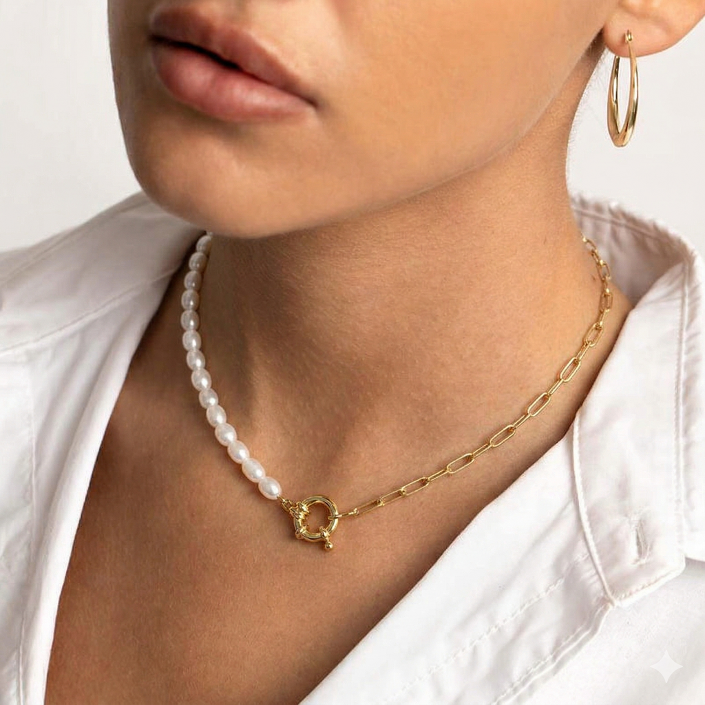 Half-Freshwater Pearl and Gold Paperclip Link Necklace