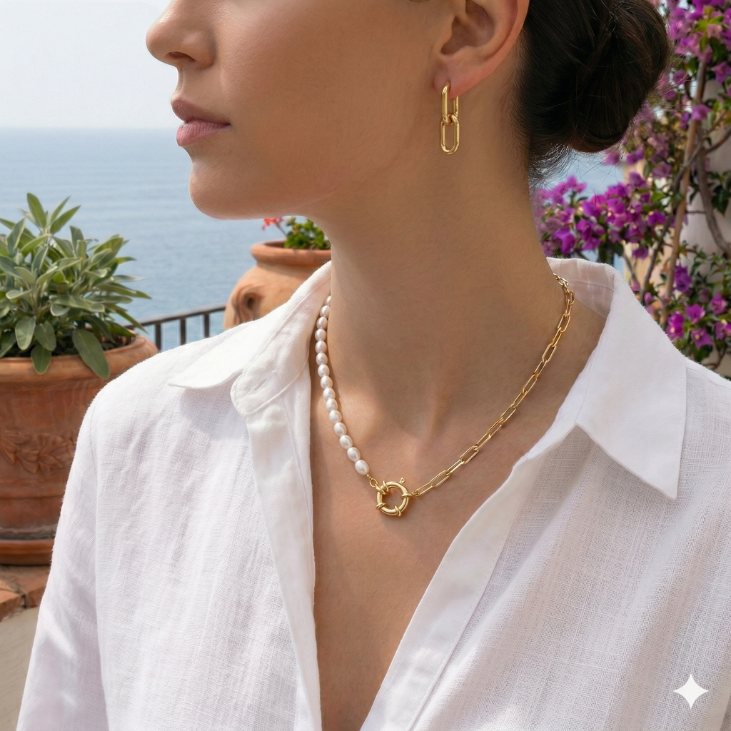 Half-Freshwater Pearl and Gold Paperclip Link Necklace