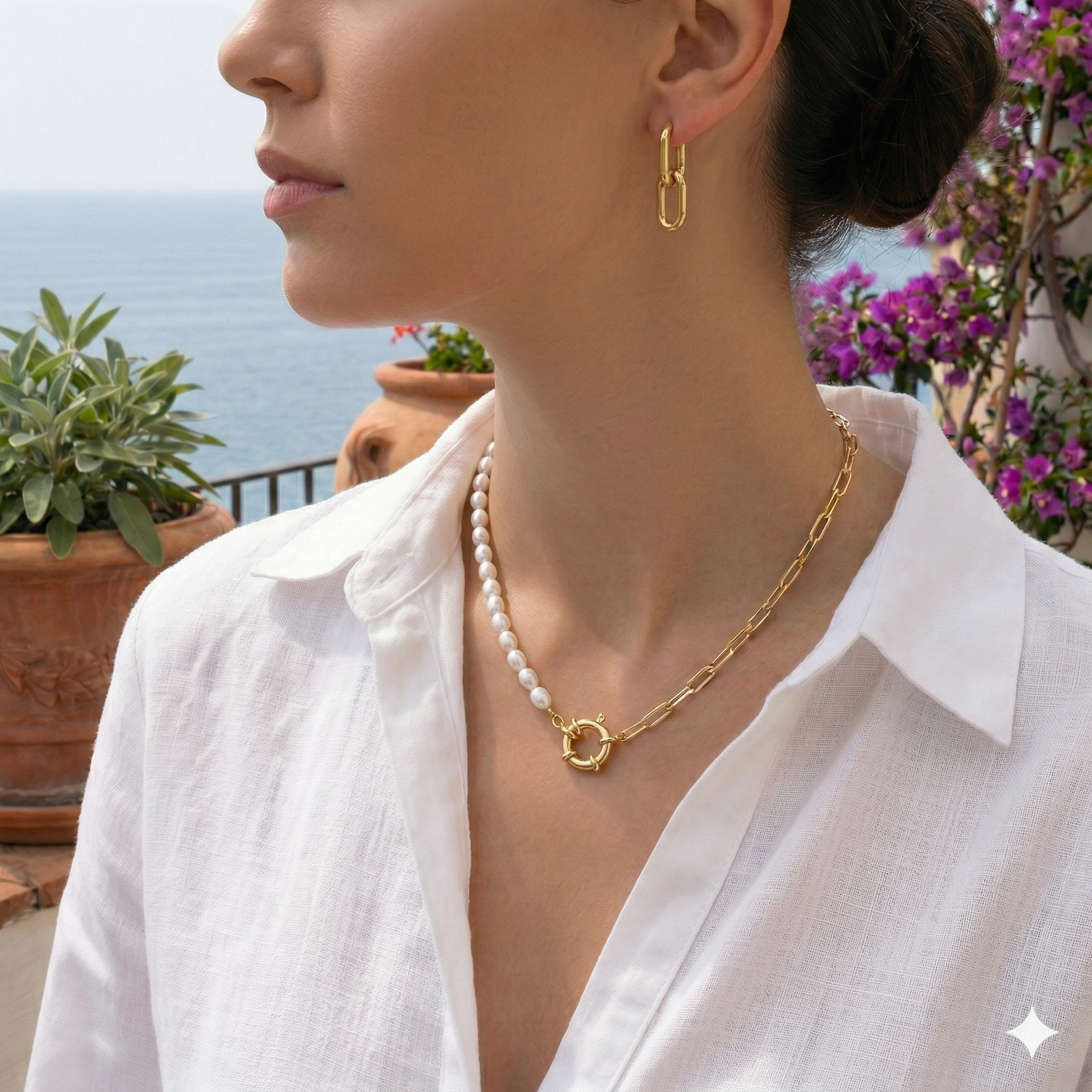 Half-Freshwater Pearl and Gold Paperclip Link Necklace