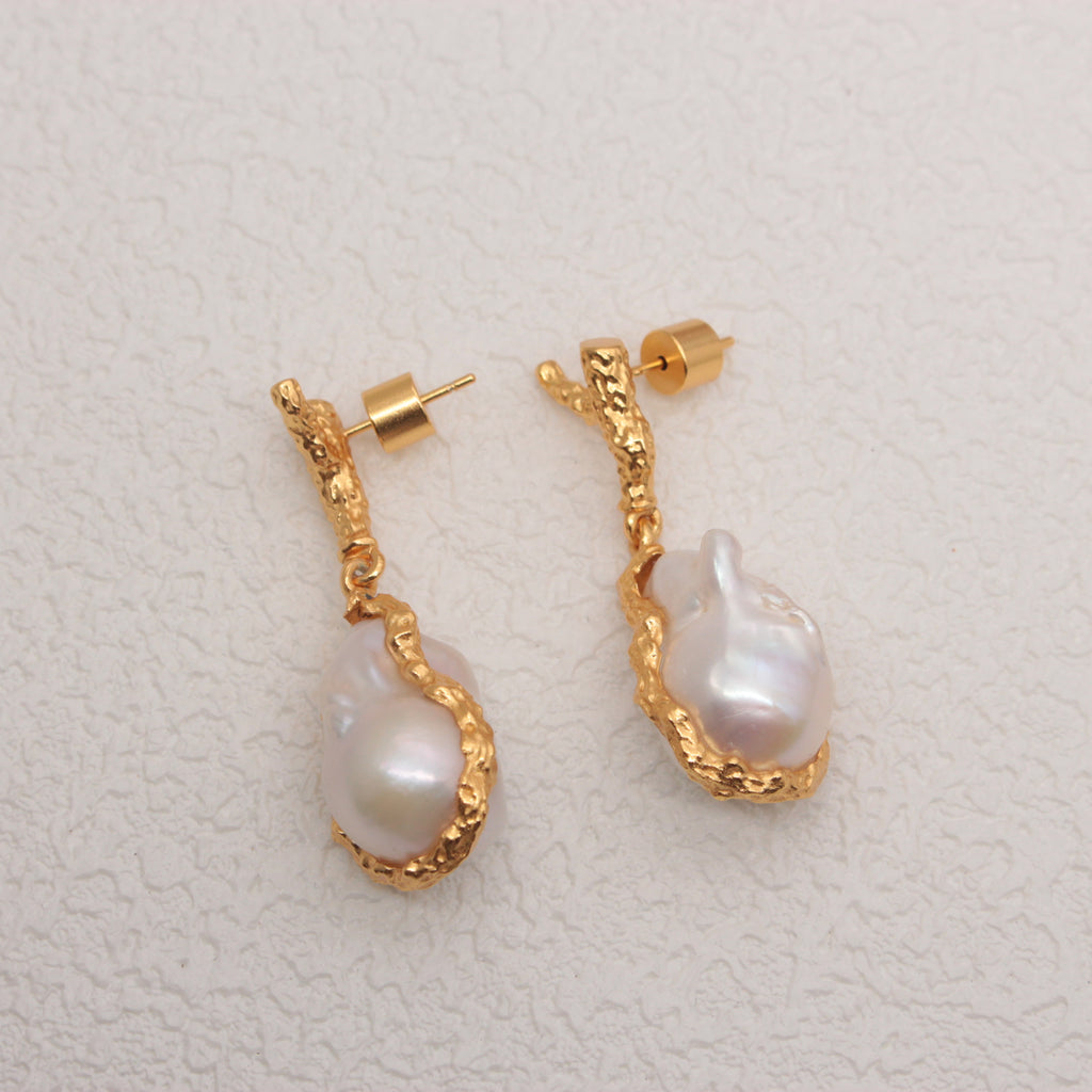 Gilded Coral Branch Earrings with Baroque Pearls