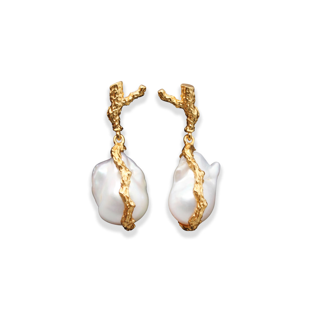 Gilded Coral Branch Earrings with Baroque Pearls