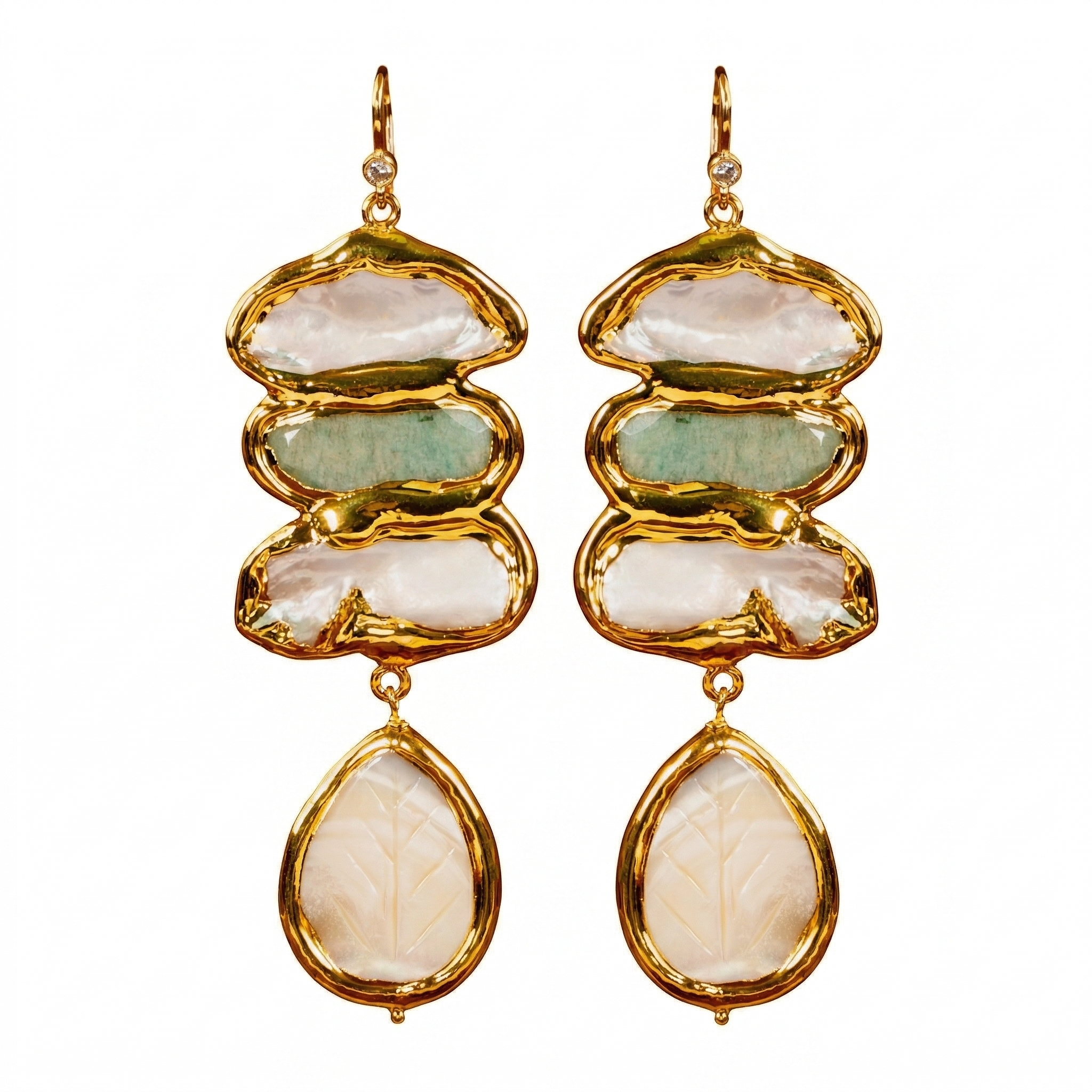 Tiered Gold Frame Earrings with Carved Mother of Pearl