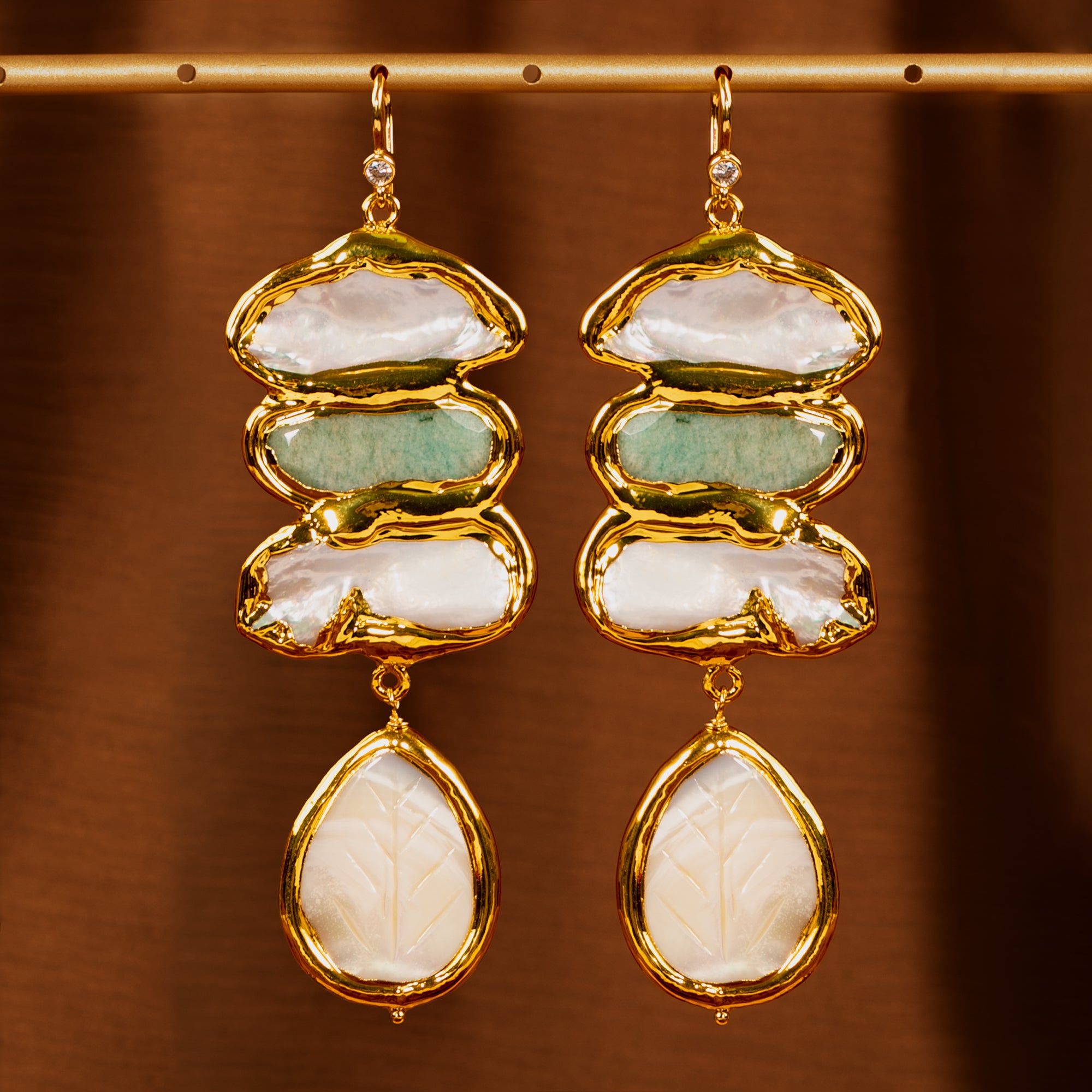 Tiered Gold Frame Earrings with Carved Mother of Pearl