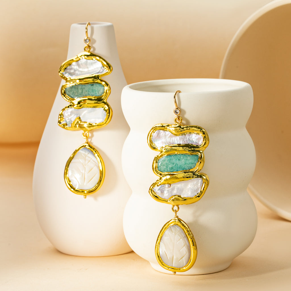 Tiered Gold Frame Earrings with Carved Mother of Pearl