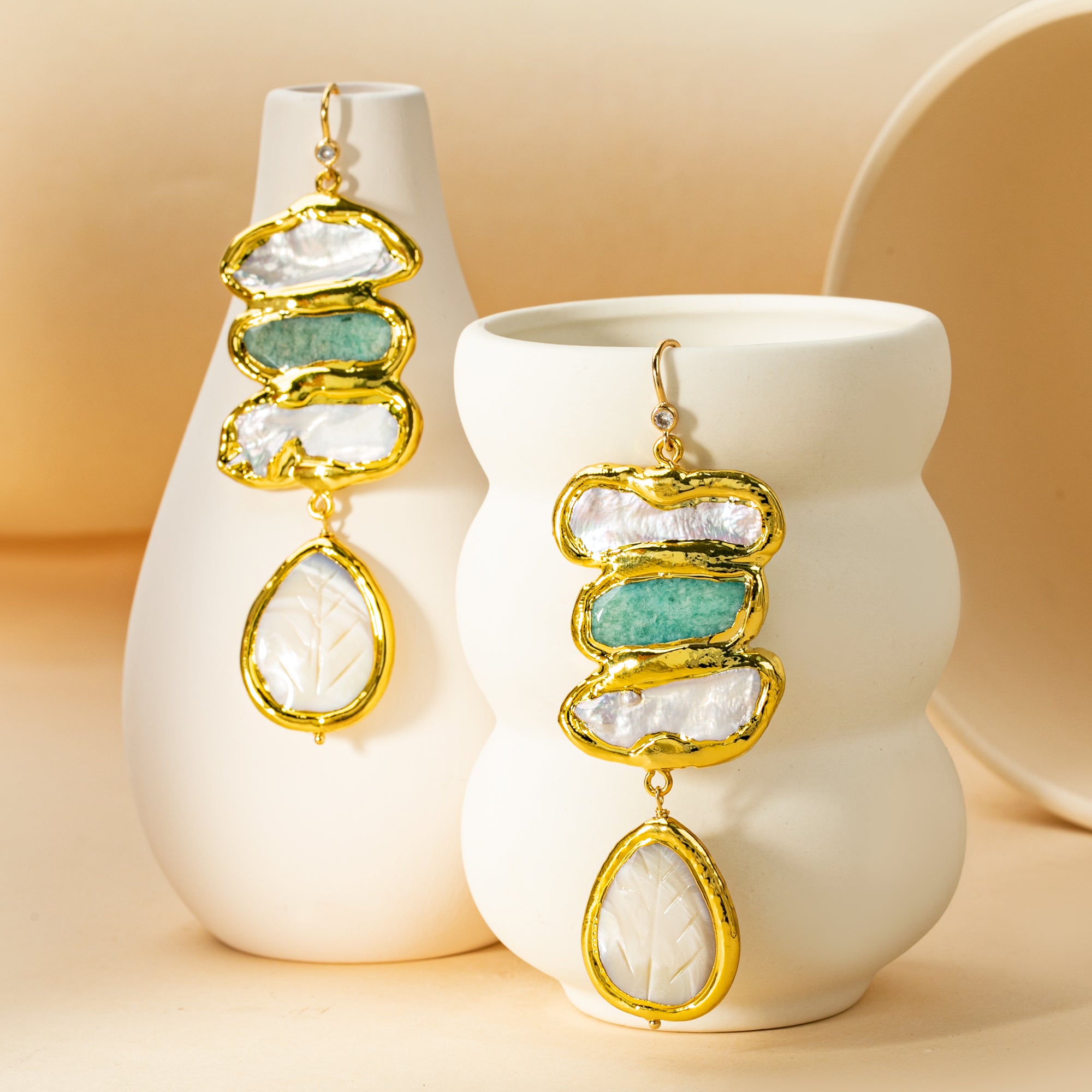 Tiered Gold Frame Earrings with Carved Mother of Pearl